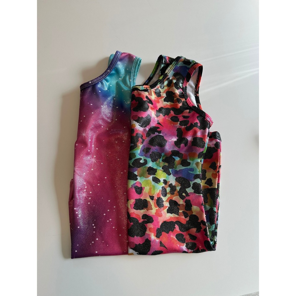 Set of Gymnastics Unitards Shimmering Galaxy Ombre & Rainbow Leopard Med